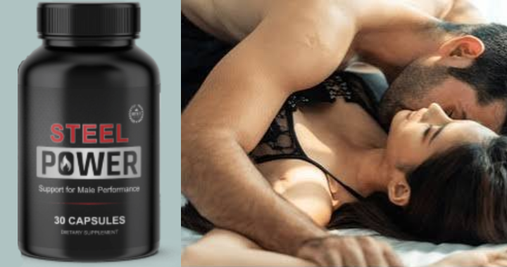 Steel Power supplement bottle supporting male performance and confidence